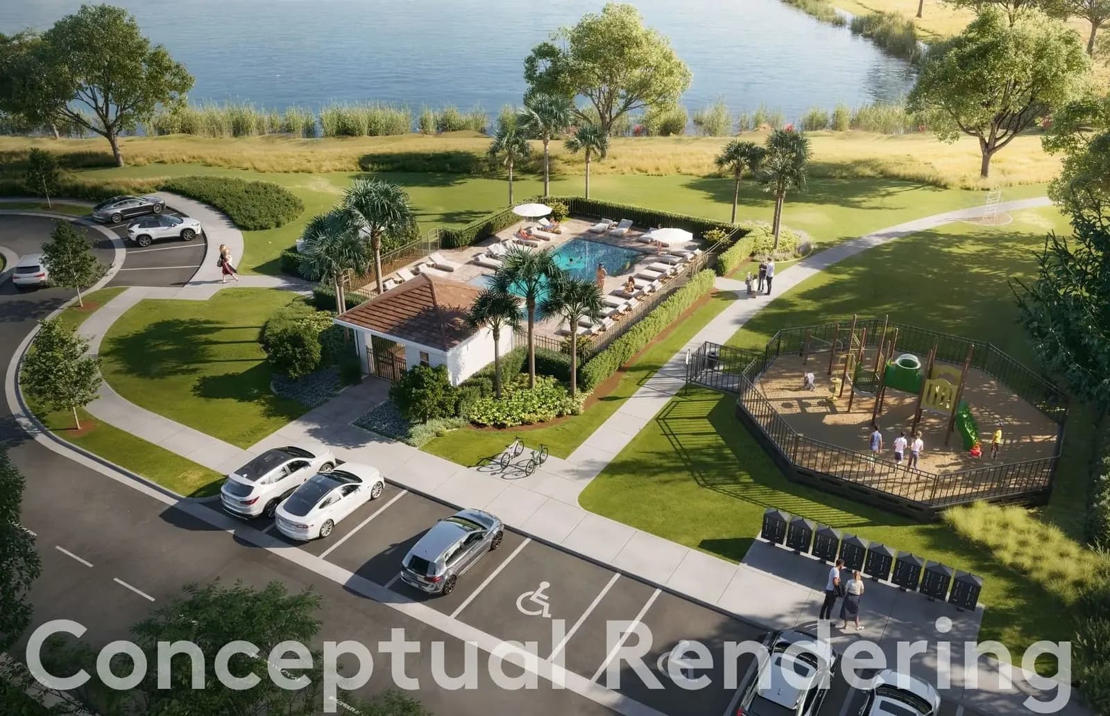Render conceptual del área de amenidades de Somerset Lakes: piscina, cabana y playground, representación artística