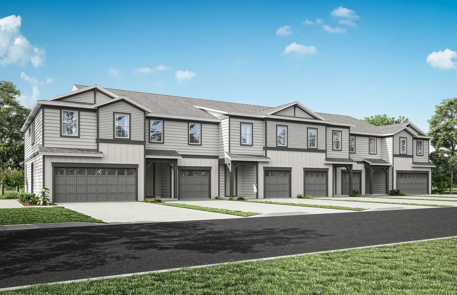 Render del edificio de seis townhomes de Somerset Lakes, elevación Coastal, representación artística